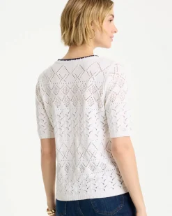 Pointelle Blanket-Stitch Pullover Sweater