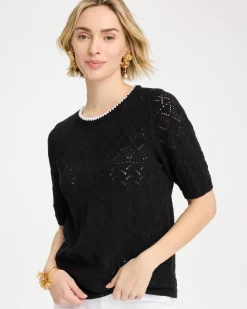 Pointelle Blanket-Stitch Pullover Sweater