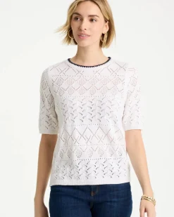 Pointelle Blanket-Stitch Pullover Sweater