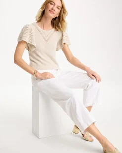 Pointelle Metallic Flutter-Sleeve Pullover