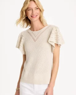 Pointelle Metallic Flutter-Sleeve Pullover