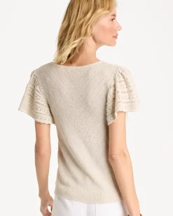 Pointelle Metallic Flutter-Sleeve Pullover