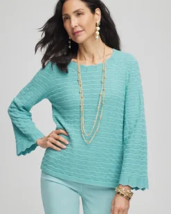 Pointelle Scalloped Hem Flare Sleeve Pullover