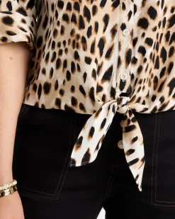 Poplin Cotton Animal Print Tie-Front Top