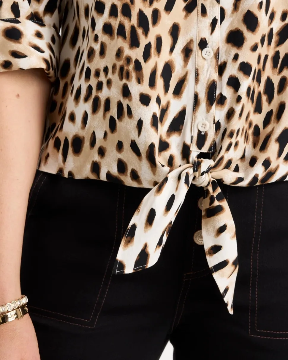 Poplin Cotton Animal Print Tie-Front Top