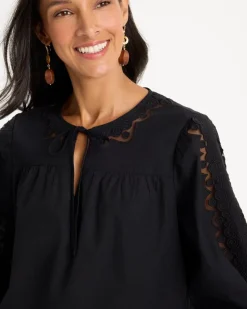 Poplin Cotton Lace Tie-Front Blouse