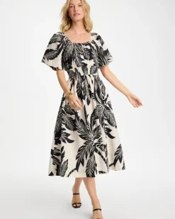 Poplin Cotton Palm Off-Shoulder Dress