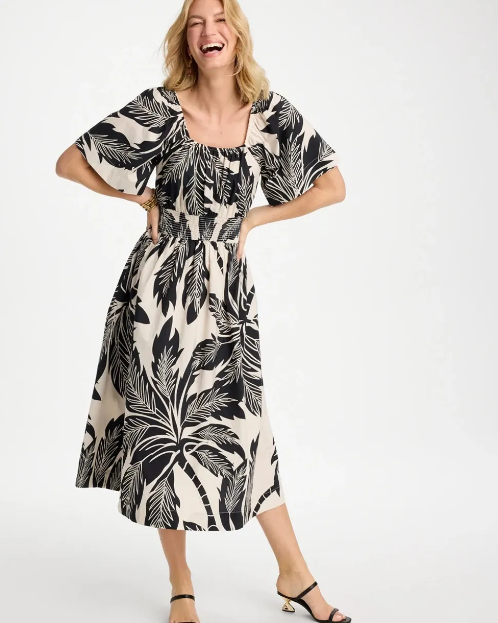 Poplin Cotton Palm Off-Shoulder Dress