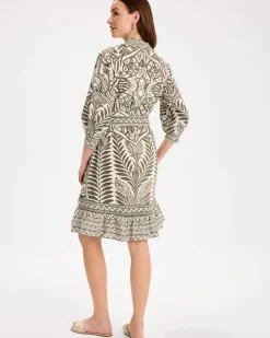 Printed Cotton-Linen Belted Dress