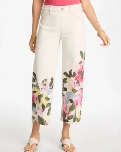 Printed Pull-On Wide Crop Jeans