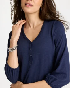 Puff Sleeve Cotton Slub Henley Tee