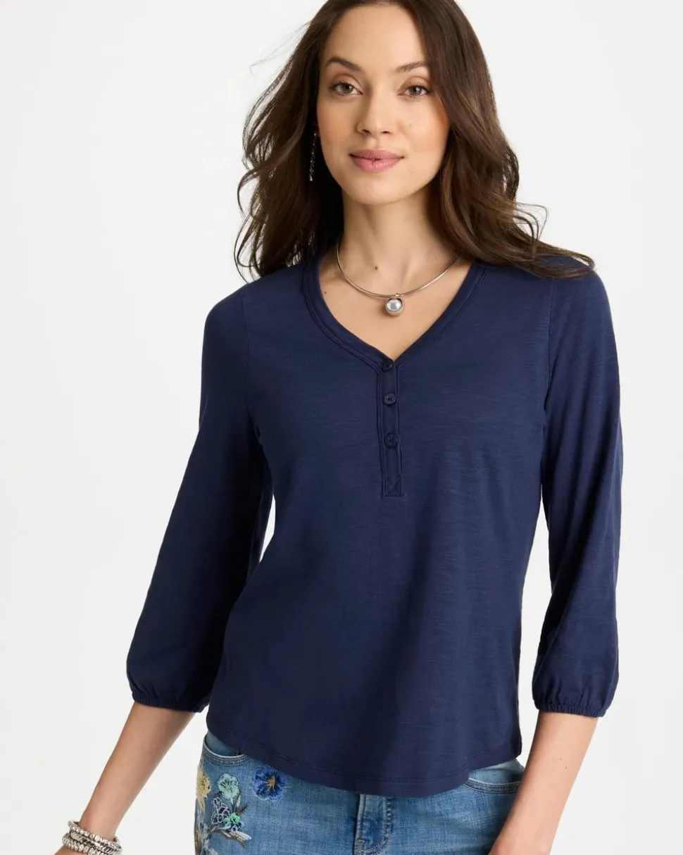 Puff Sleeve Cotton Slub Henley Tee
