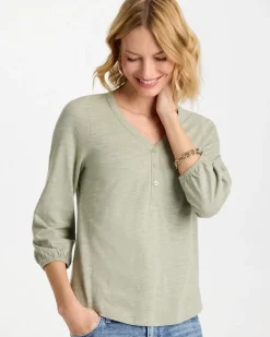 Puff Sleeve Cotton Slub Henley Tee