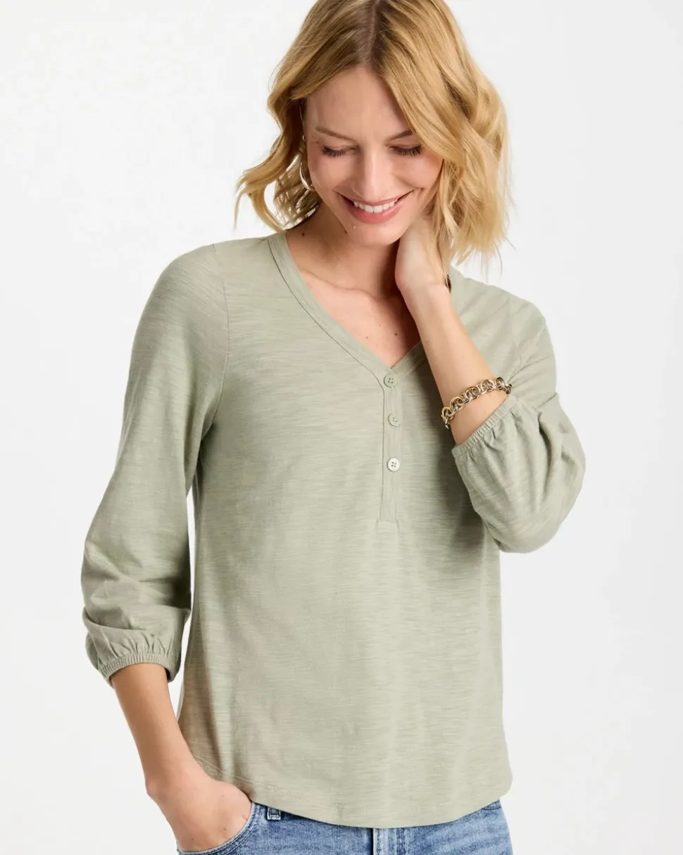 Puff Sleeve Cotton Slub Henley Tee