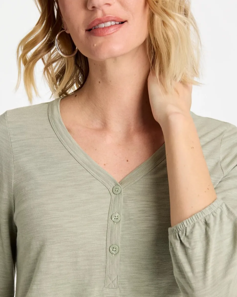 Puff Sleeve Cotton Slub Henley Tee