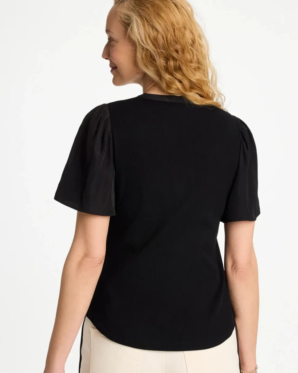 Rib Knit Woven Flutter Sleeve Tee