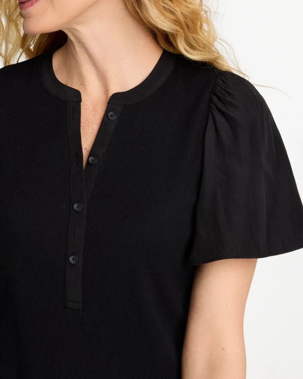 Rib Knit Woven Flutter Sleeve Tee