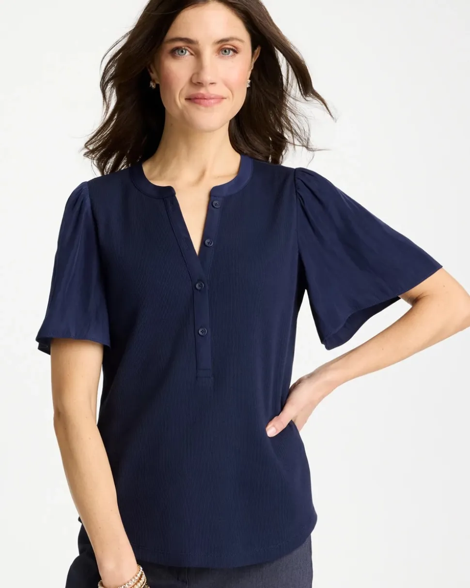 Rib Knit Woven Flutter Sleeve Tee