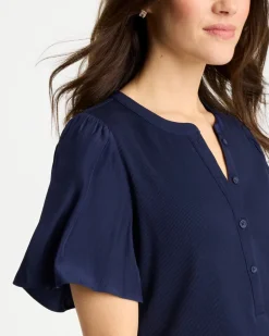 Rib Knit Woven Flutter Sleeve Tee