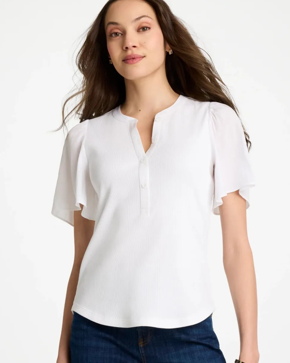 Rib Knit Woven Flutter Sleeve Tee