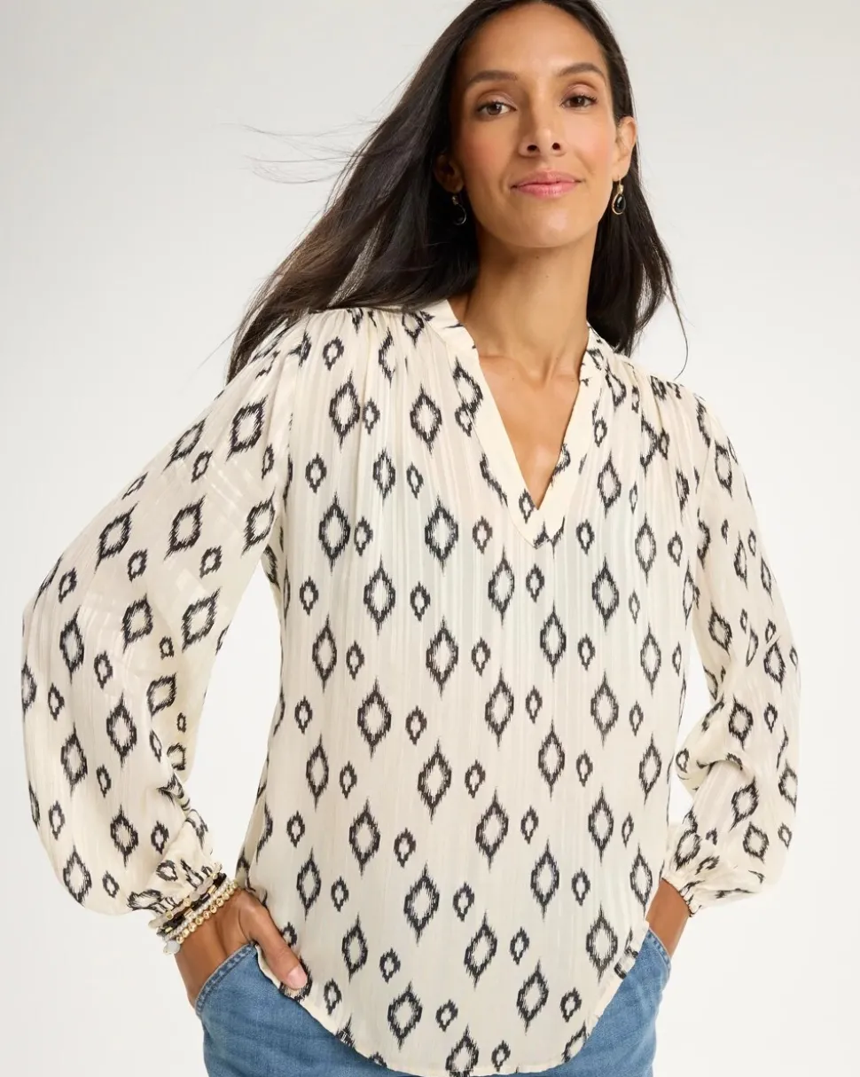 Satin Diamond Print Long Sleeve Blouse