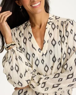 Satin Diamond Print Long Sleeve Blouse