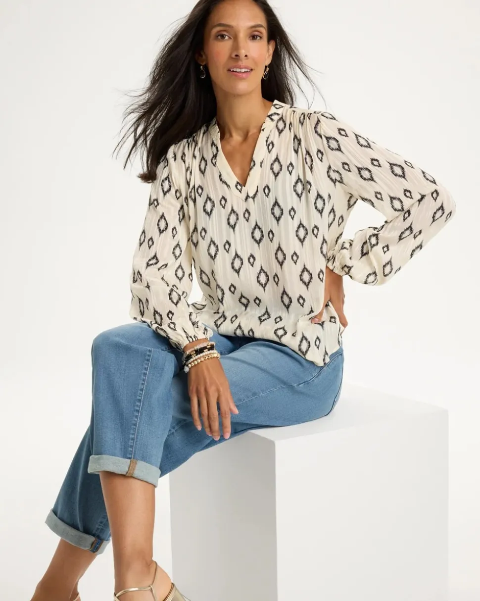 Satin Diamond Print Long Sleeve Blouse