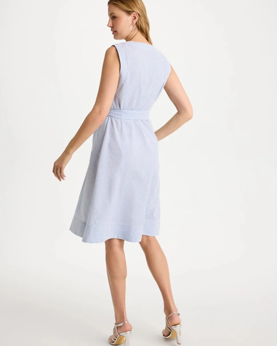Seersucker V-Neck Sleeveless Dress