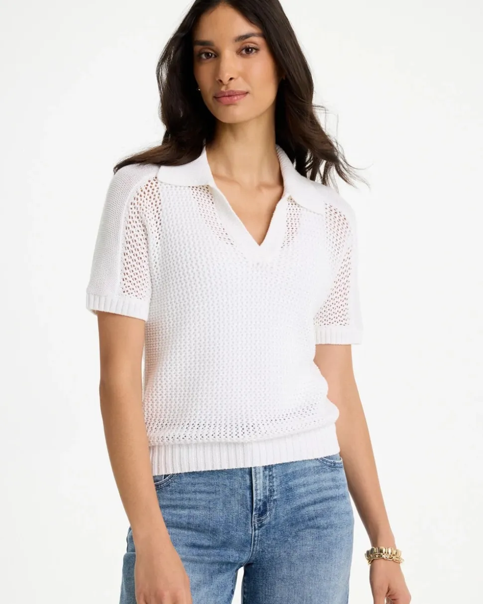 Sequin Pointelle Pullover Polo Sweater