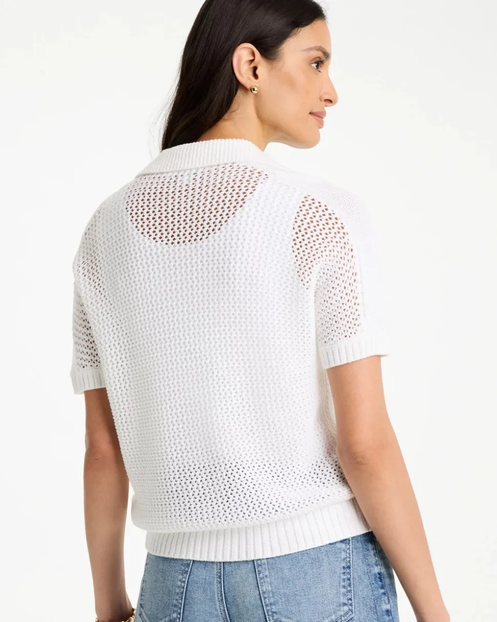 Sequin Pointelle Pullover Polo Sweater