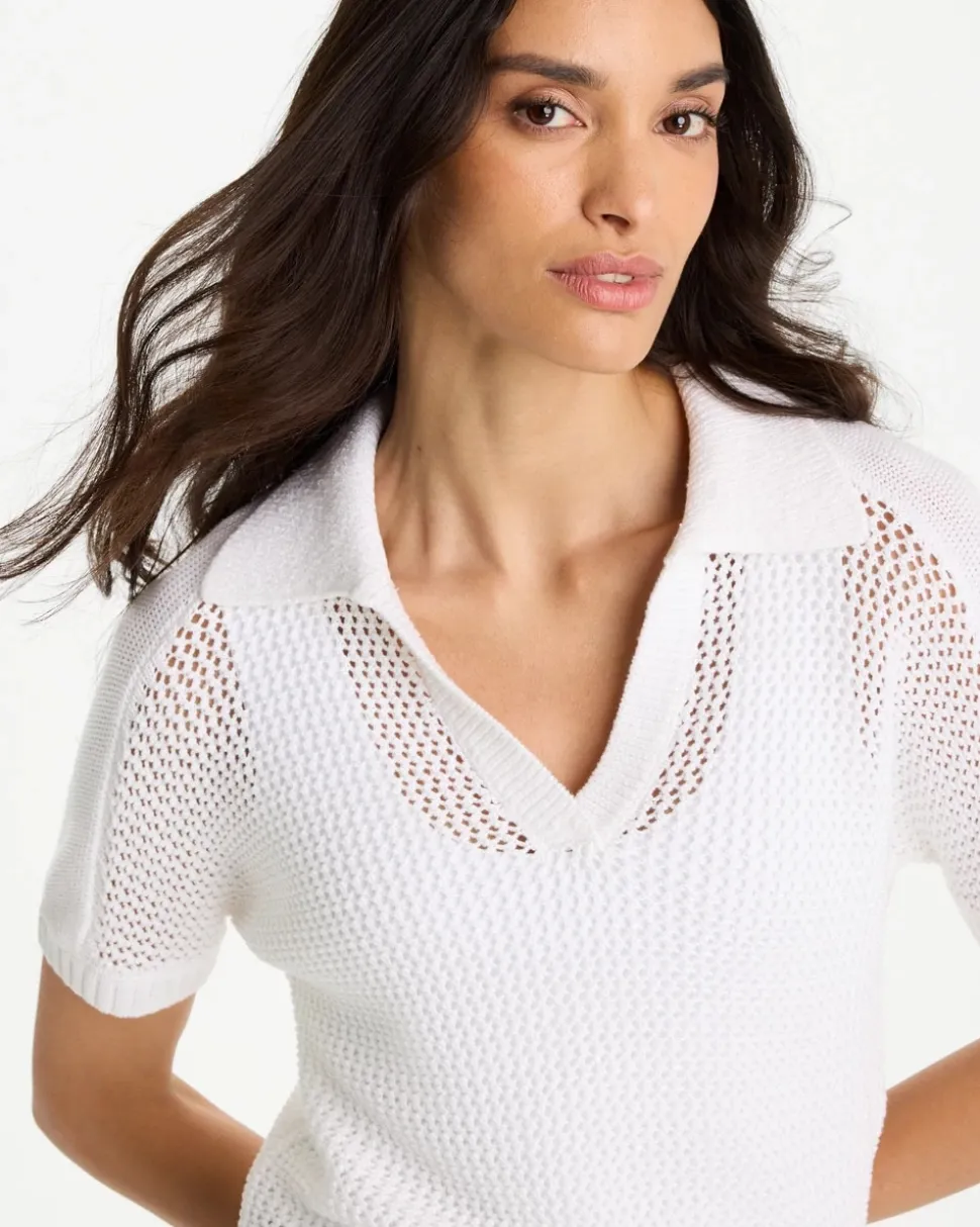 Sequin Pointelle Pullover Polo Sweater