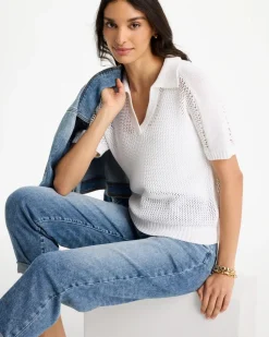 Sequin Pointelle Pullover Polo Sweater