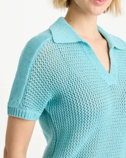 Sequin Pointelle Pullover Polo Sweater
