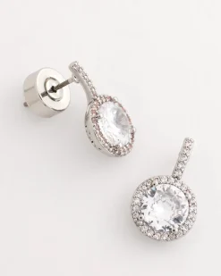 Silvertone Bezel Set Cubic Zirconia Halo Earrings