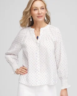 Smocked Split-neck Blouse
