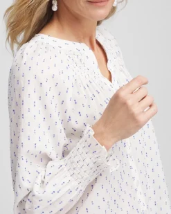 Smocked Split-neck Blouse