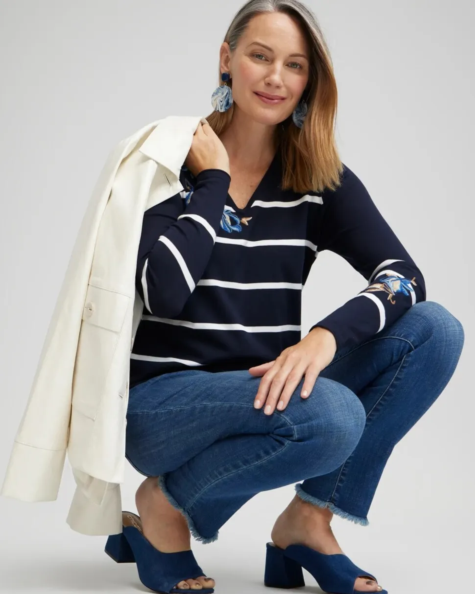 Spun Rayon Stripe V-neck Pullover