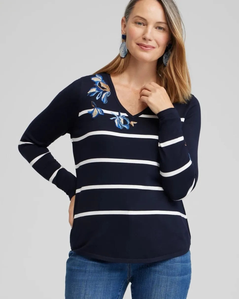 Spun Rayon Stripe V-neck Pullover