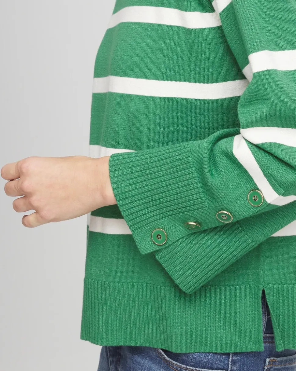 Striped Button Sleeve Crewneck Pullover Sweater