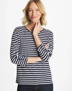 Striped Cotton Slub 3/4 Sleeve Button Tee