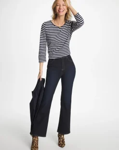 Striped Cotton Slub 3/4 Sleeve Button Tee