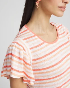 Striped Linen Smocked Flutter-Sleeved Tee