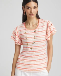 Striped Linen Smocked Flutter-Sleeved Tee
