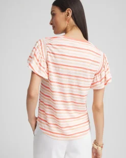 Striped Linen Smocked Flutter-Sleeved Tee