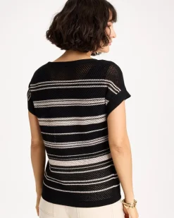 Striped Mesh Stitch Pullover Sweater