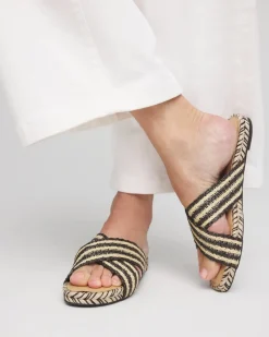 Striped Raffia Cross-Strap Slide Sandal