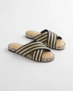 Striped Raffia Cross-Strap Slide Sandal