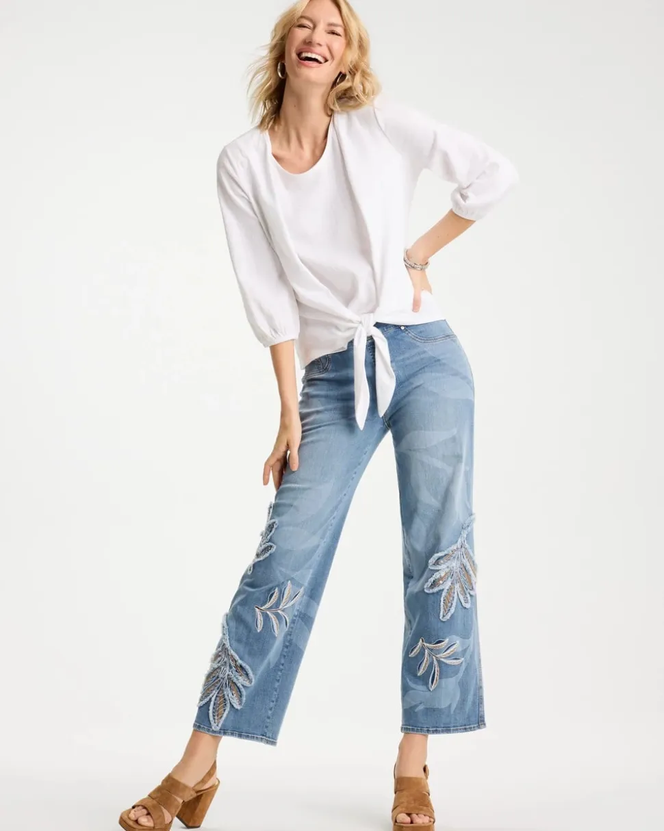 Tropical Embroidery Pull-On Wide Crop Jean